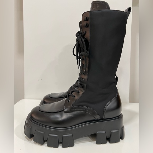 PRADA Monolith Leather & Nylon Tall Combat Boots - Picture 1 of 16
